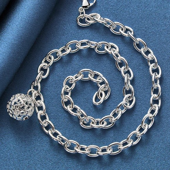 18 Inch O-Ring Chain With Hollowed & Carved Ball .925 Solid Sterling Silver! - Picture 4 of 7